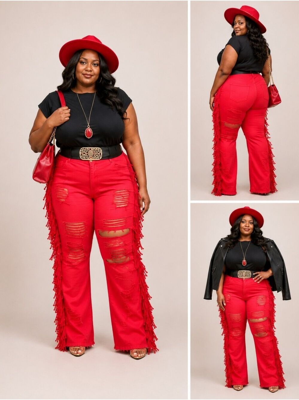 M.A.P Red Fringe Tassel Distressed Jeans | Plus Size 3XL | High-Rise Statement